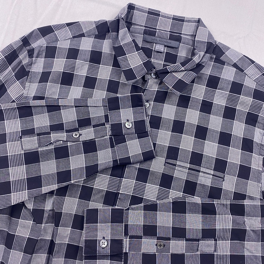 John Varvatos Button Up Shirt Mens Large Black White Plaid Long Sleeve Casual